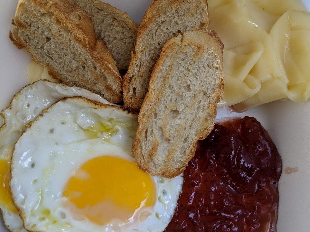 Breakfast with eggs, toast, cheese and jam Breakfast with eggs, toast, cheese and jam